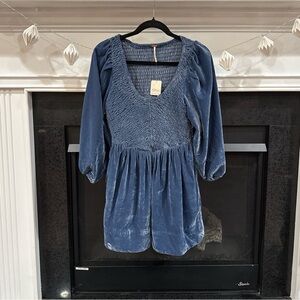Free People dress boho renaissance fairy XS smocked velvety Blue NWT